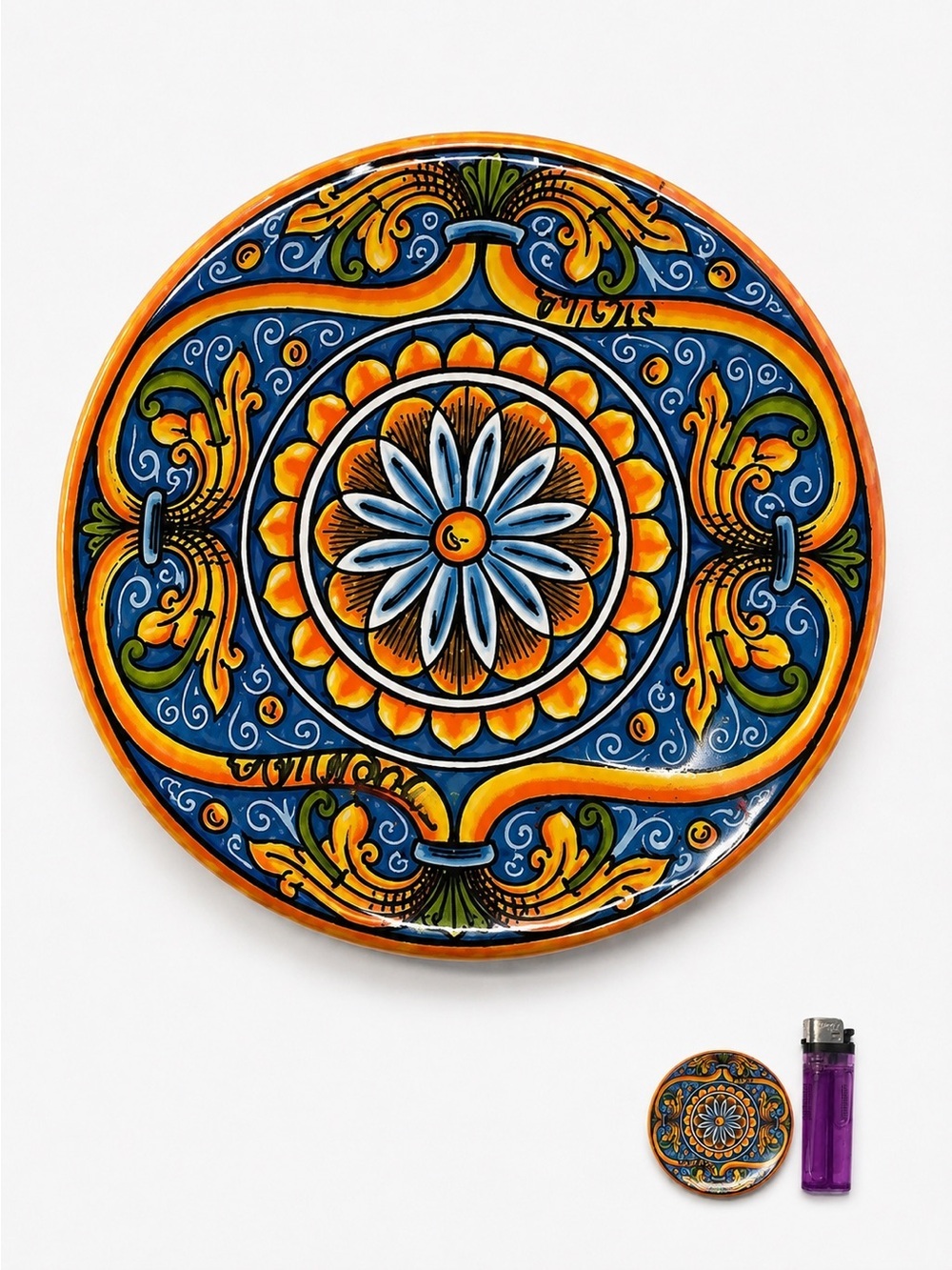 TINY Hand-Painted Ceramic Plate Magnet- Blue & Yellow Floral Medallion